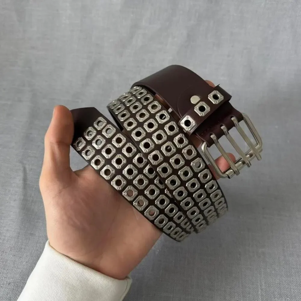 Studded metal brown belt with